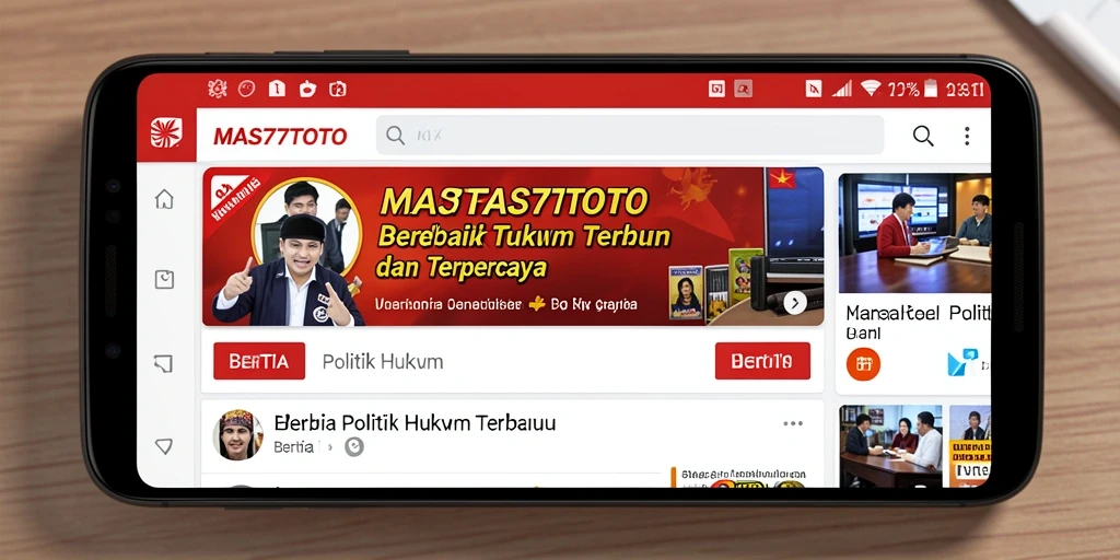 Antarmuka aplikasi MAS77TOTO dengan berita politik dan hukum.