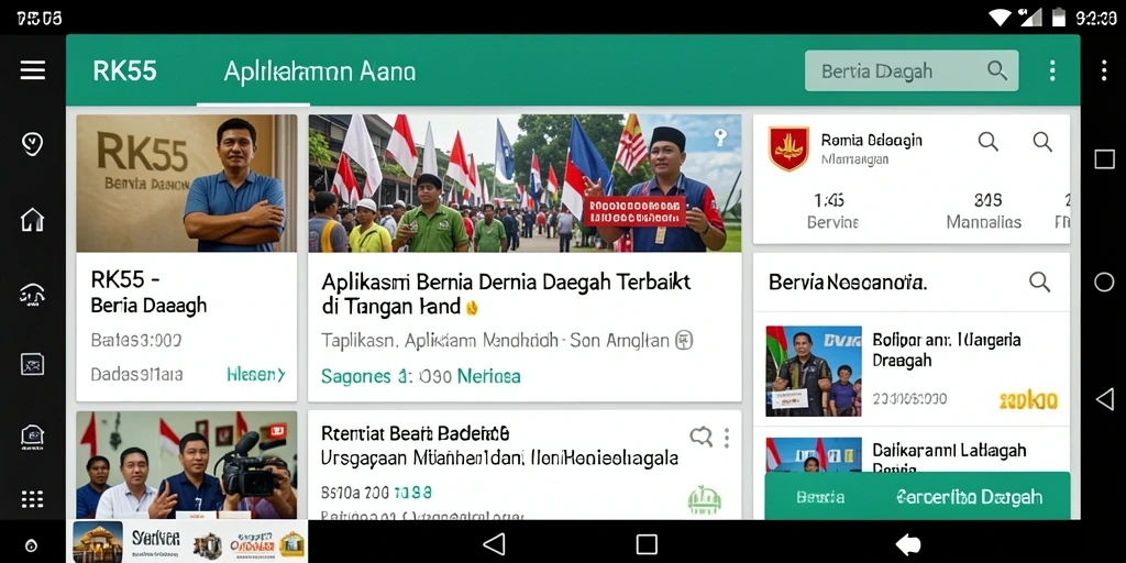 Antarmuka aplikasi RK55 menampilkan berita daerah terkini dengan desain menarik.